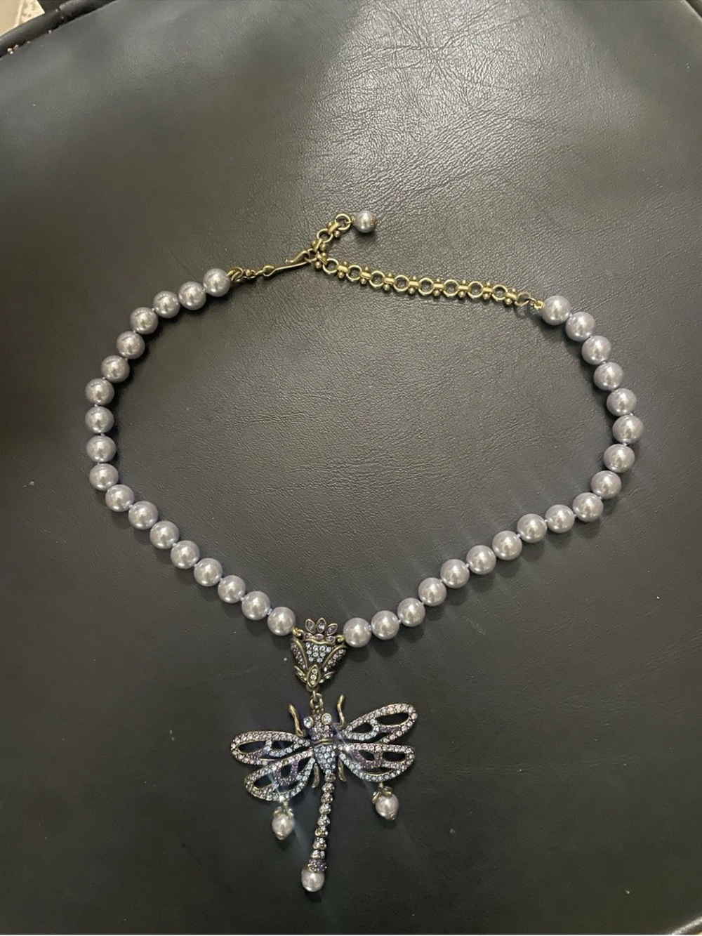 Heidi Daus Pearl Bead Dragonfly Necklace - & Ring Silver Blue Pearlescent